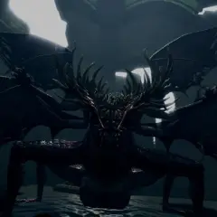 Potężny, mroczny, **gaping dragon** z wieloma skrzydłami i kolczastą głową, czai się w mroku.