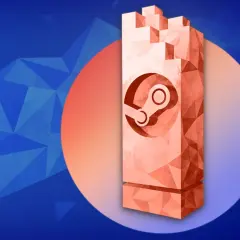 Pomarańczowy, geometryczny blok z logo Steam na tle niebieskich trójkątów i okręgu.