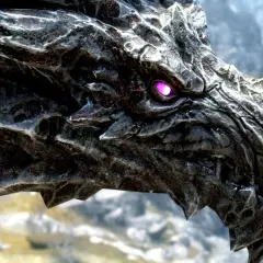 Smoczy łeb z fioletowym okiem, groźny jak każdy dragonborn.