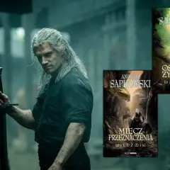 Geralt z Rivii z mieczem w dłoni, obok okładki książek "Miecz przeznaczenia" i "Ostatnie życzenie" - idealne do recenzji Wiedźmina.