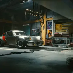Klasyczny cyberpunk porsche w warsztacie, gotowy na nocne wyścigi po Night City.