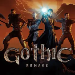 Czterech bohaterów, w tym mag z kulą energii, wojownik z toporem i łucznik, przygotowuje się do walki w świecie gry Gothic Remake.