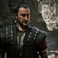 Postać z gry Gothic 2 Remake w zbroi, na tle skalistego krajobrazu.
