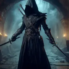 Mroczny drow w kapturze, z dwoma mieczami w dłoniach, stoi w kamiennej krypcie oświetlonej świecami.