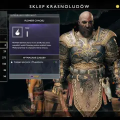 Kratos, bóg wojny, w sklepie Krasnoludów. Na ekranie widnieje przedmiot "Płomień Chaosu", który można kupić za "Szalejące płomienie z Muspelheimu".