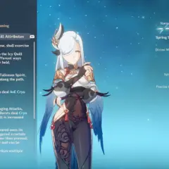 Shenhe w grze Genshin Impact, z jej umiejętnościami bojowymi "Spring Spirit Summoning" i "Icy Quill", gotowa do zadawania obrażeń Cryo.