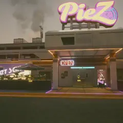 Cyberpunkowa pizzeria PieZ z neonowym znakiem. Zbliża się zadanie "Znak Jonasza", by usiąść przy stole.