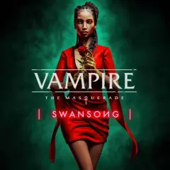 Kobieta w czerwonej sukni trzyma złotą różę. Nad nią logo "Vampire The Masquerade Swansong".