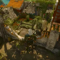Geralt stoi na dachu, patrząc na ogród. Misja "Wieczne odpoczywanie" w Wiedźmin 3.