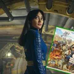 Kobieta w niebieskim kombinezonie obok obrazka z postaciami z gry Fallout.