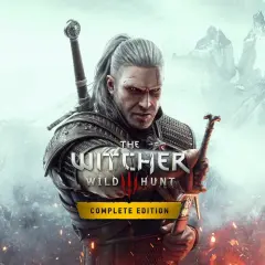Geralt z Rivii, wiedźmin, w zbroi z dwoma mieczami. Na tle gór i płomieni. Okładka gry Wiedźmin 3 Edycja Kompletna.
