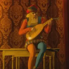 Priscilla z Wiedźmina gra na lutni, ubrana w barwne, jaskrawe stroje.