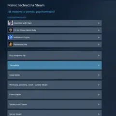 Ekran pomocy technicznej Steam z listą opcji, w tym "Transakcje" podświetlone na niebiesko.