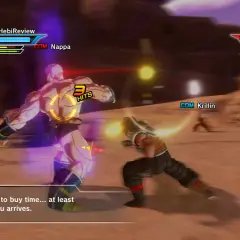 W grze Dragon Ball Z: Kakarot, Nappa walczy z Gohanem (Kid). W tle widać niebieskiego smoka.