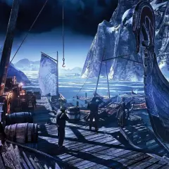 Nocny port na Skellige. Widać wikingów, łodzie i surowe, zimowe krajobrazy.