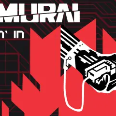 Cyberpunkowy **samurai** z mechaniczną dłonią, gotowy do akcji.