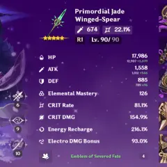 Raiden Shogun z Genshin Impact, wyposażona w Włócznię z Jadeitu, z imponującymi statystykami i artefaktami Emblem of Severed Fate.