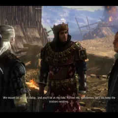 Geralt, król w koronie i szlachcic rozmawiają na tle obozu wojskowego. Król zapowiada atak, by ukarać zdrajców Temerii.