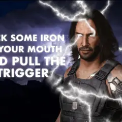 Johnny Silverhand cytaty: "Stick some iron in your mouth and pull the trigger." Mroczny, burzowy krajobraz i błyskawice podkreślają jego postać.