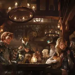 Postacie z d&d grają w karty i piją piwo w karczmie. W tle smok.