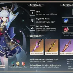 Ayaka z Genshin Impact w pozie bojowej, obok niej wskazówki dotyczące artefaktów i broni.