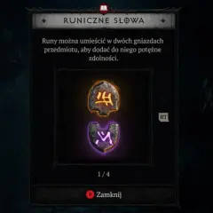 Diablo 2 słowa runiczne: dwie runy, jedna żółta, druga fioletowa, czekają na umieszczenie w gnieździe przedmiotu.