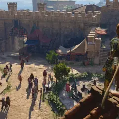 Postać w zbroi z mieczem na dachu, obserwuje tętniący życiem rynek. Czy warto kupić Baldur's Gate 3?