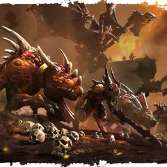 Potwory i wojownicy Khorne na tle płonącego pola bitwy, wśród stosów czaszek.