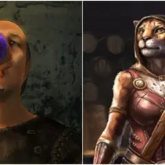 Człowiek pije podejrzany fioletowy płyn, a obok Khajiitka trzyma butelkę, być może z tą samą niebezpieczną substancją, skooma.