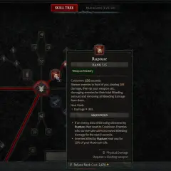Drzewko umiejętności w Diablo 4, zgodne z tradycjami, pokazuje rozwój postaci i umiejętność "Rupture".