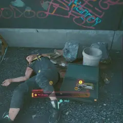 Martwy mężczyzna leży obok walizki z pistoletem Skippy. To ikoniczna broń w świecie skippy cyberpunk.