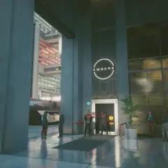 Wejście do klubu Embers, gdzie czeka Hanako. W tle widać futurystyczne budynki, w tym Arasaka Tower.