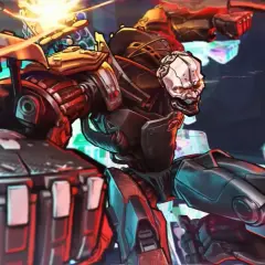 Adam Smasher, potężny cyborg z Cyberpunk 2077, w akcji. Jego mechaniczne ciało lśni w czerwonym i niebieskim świetle.
