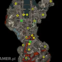 Mapa Baldur's Gate 3: Podmrok - starożytna kuźnia i Kuźnia adamantyny. Punkty nawigacyjne zaznaczone żółtymi kółkami.