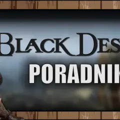 Postać z gry Black Desert, z białymi włosami i w zbroi, obok napisu "PORADNIK". Spolszczenie gry ułatwia grę.