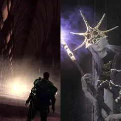 Gwyndolin z Dark Souls w białej szacie, z łukiem i wężowym ogonem, oraz postać z laską i koroną.