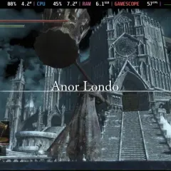 Postać z wielkim młotem przed majestatyczną katedrą w Anor Londo.