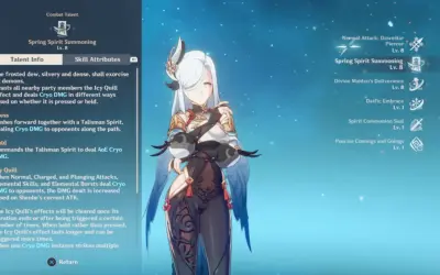 Shenhe w grze Genshin Impact, z jej umiejętnościami bojowymi "Spring Spirit Summoning" i "Icy Quill", gotowa do zadawania obrażeń Cryo.