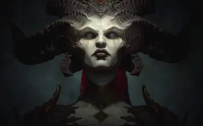 Lilith z Diablo 4, z potężnymi rogami i złowrogim spojrzeniem, budzi grozę.