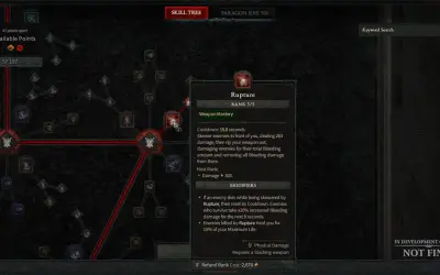 Drzewko umiejętności w Diablo 4, zgodne z tradycjami, pokazuje rozwój postaci i umiejętność "Rupture".