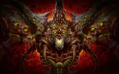 Potworna istota z wieloma oczami i czaszkami, idealna do recenzji Diablo 4.