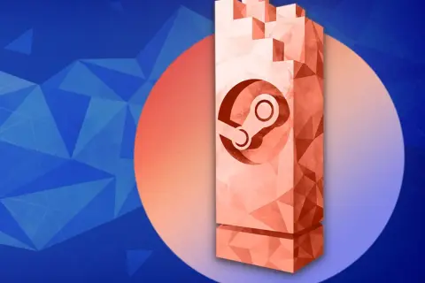 Pomarańczowy, geometryczny blok z logo Steam na tle niebieskich trójkątów i okręgu.