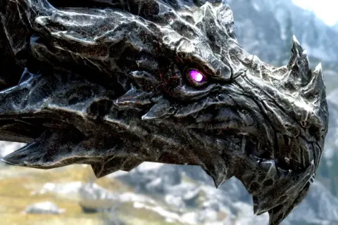 Smoczy łeb z fioletowym okiem, groźny jak każdy dragonborn.
