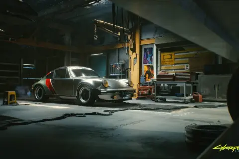 Klasyczny cyberpunk porsche w warsztacie, gotowy na nocne wyścigi po Night City.