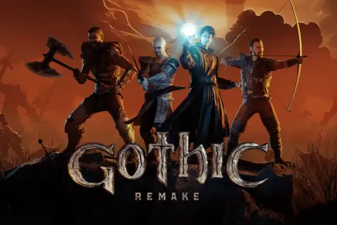 Czterech bohaterów, w tym mag z kulą energii, wojownik z toporem i łucznik, przygotowuje się do walki w świecie gry Gothic Remake.