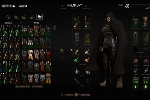 Geralt w zbroi, przegląda ekwipunek w grze Wiedźmin 3. Widać bronie, pancerze i przedmioty, które można zdobyć dzięki modom do Wiedźmina 3.