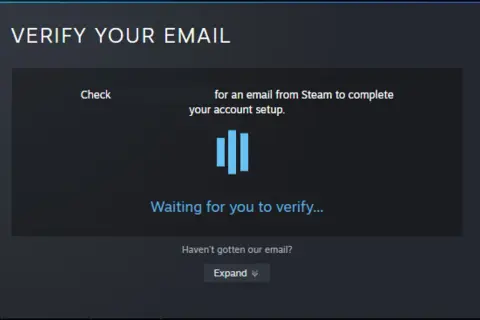 Ekran weryfikacji adresu email na Steam.
