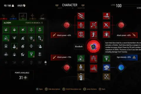 Wiedźmin 3 buildy: drzewka umiejętności Alchemia i Znaki, z aktywnymi bonusami do mocy ataku i intensywności znaków.