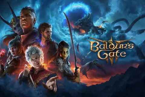 Złowieszczy smok i grupa bohaterów, w tym **Baldur's Gate 3 towarzysze**, szykują się do walki na tle burzowego nieba.