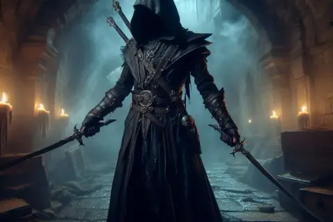 Mroczny drow w kapturze, z dwoma mieczami w dłoniach, stoi w kamiennej krypcie oświetlonej świecami.